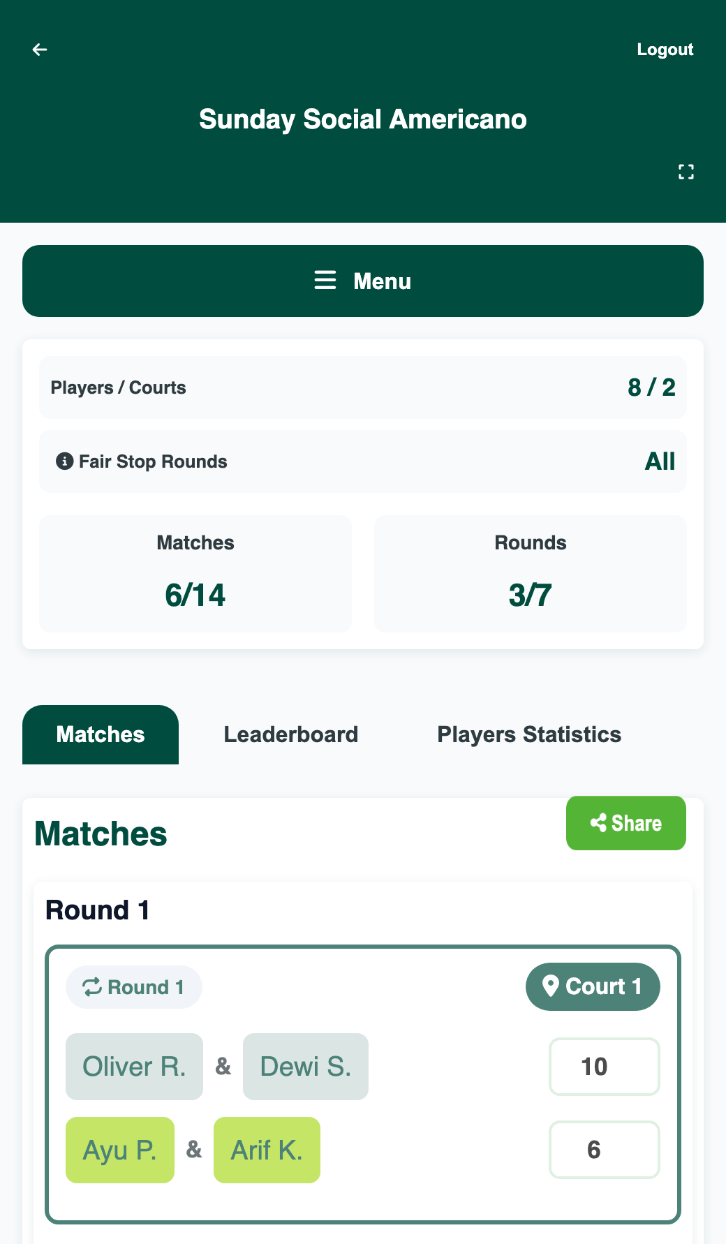Tournament screen showing 8 players on 2 courts, Fair Stop Rounds: All, 6 of 14 matches and 3 of 7 rounds played