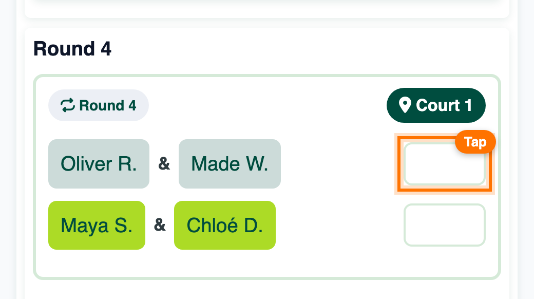 Round 4 match card on Court 1 with the empty score box highlighted