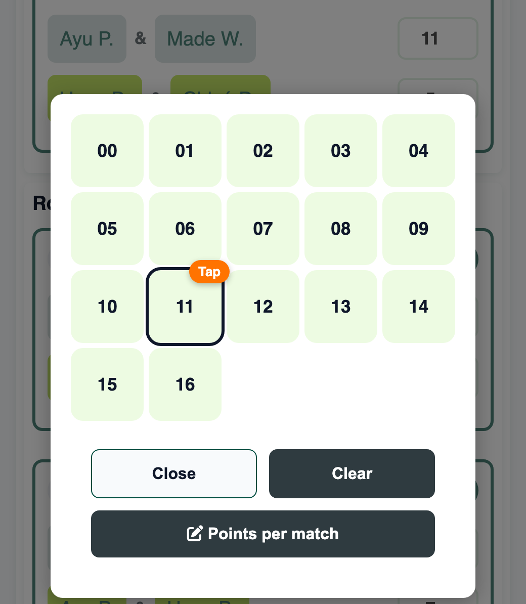 Score picker with numbers 0 to 16 and 11 highlighted