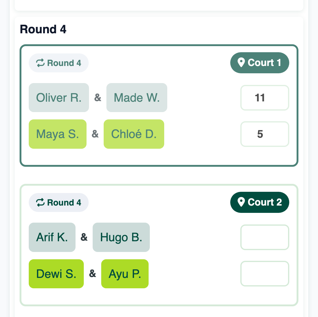 Match card showing 11 to 5, next match on Court 2 still empty