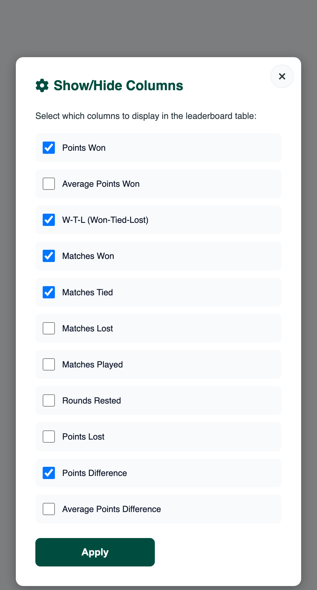 Show/Hide Columns window with checkboxes such as Points Won, W-T-L and Points Difference