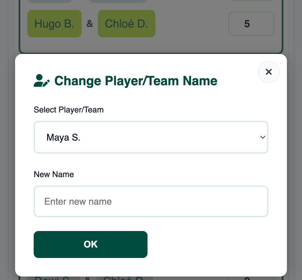 Change Player/Team Name window with Maya S. selected and a New Name field