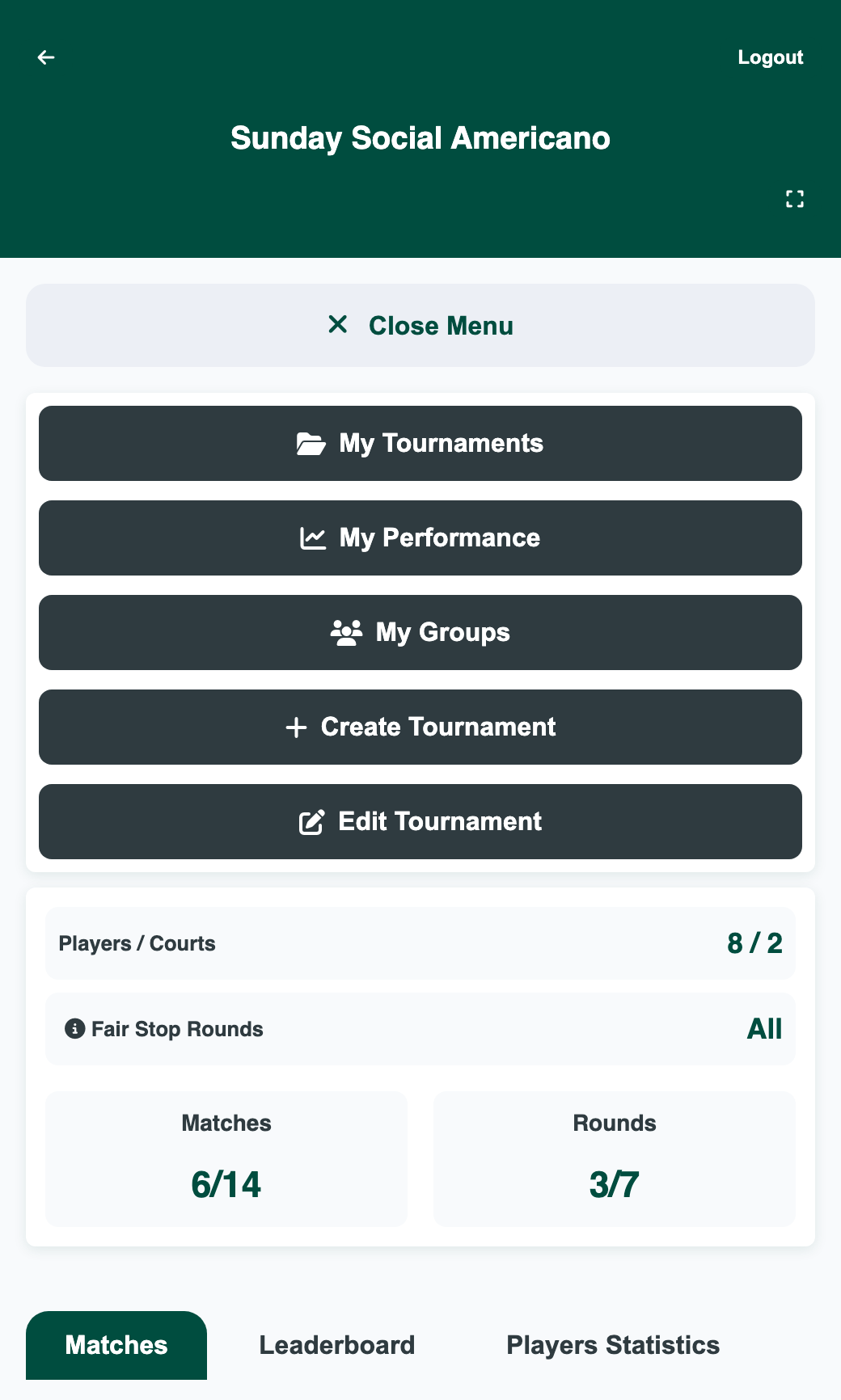 Open menu with My Tournaments, My Performance, My Groups, Create Tournament and Edit Tournament