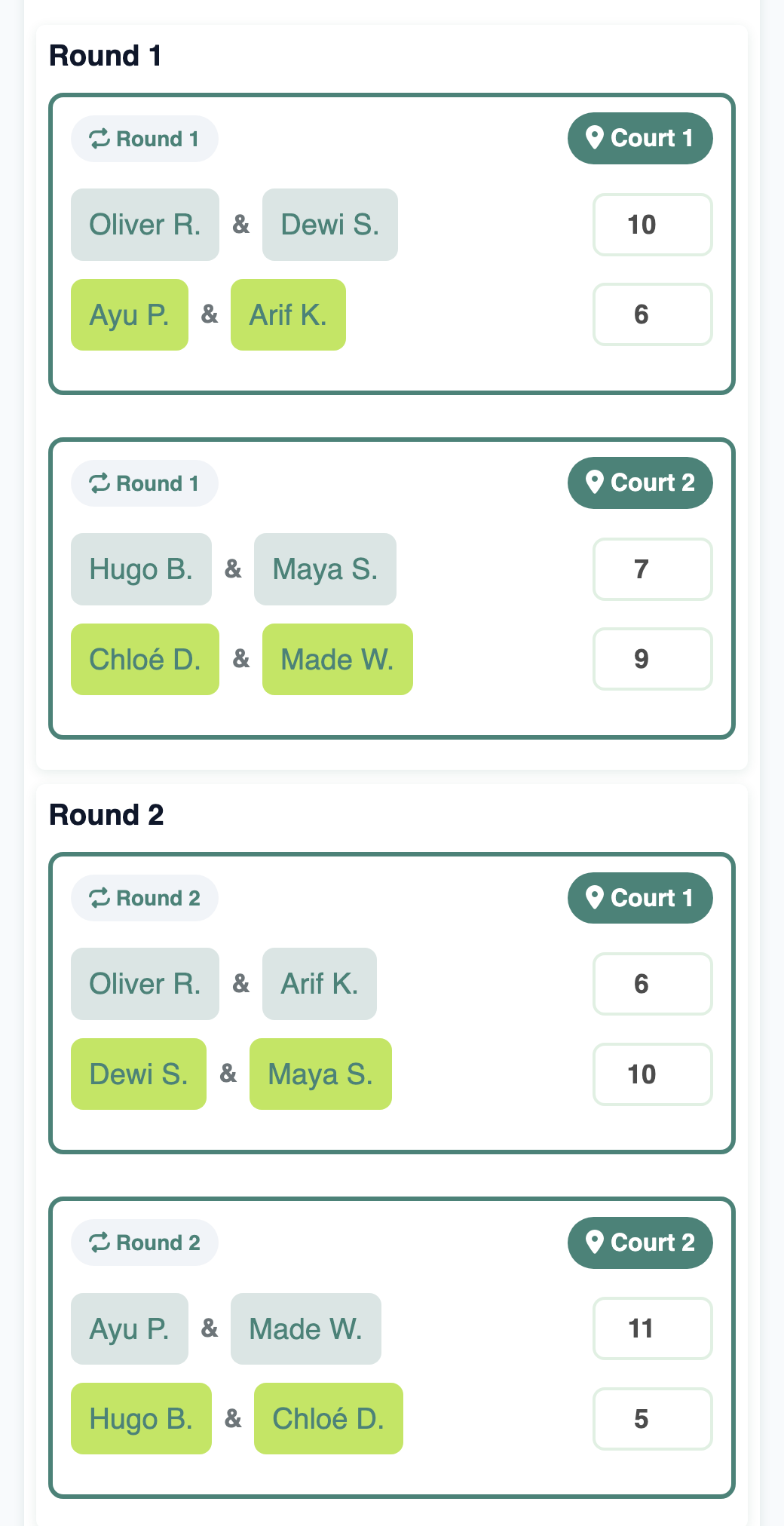 Rounds 1 and 2 of a Single Americano: Oliver R. partners Dewi S. in round 1 and Arif K. in round 2