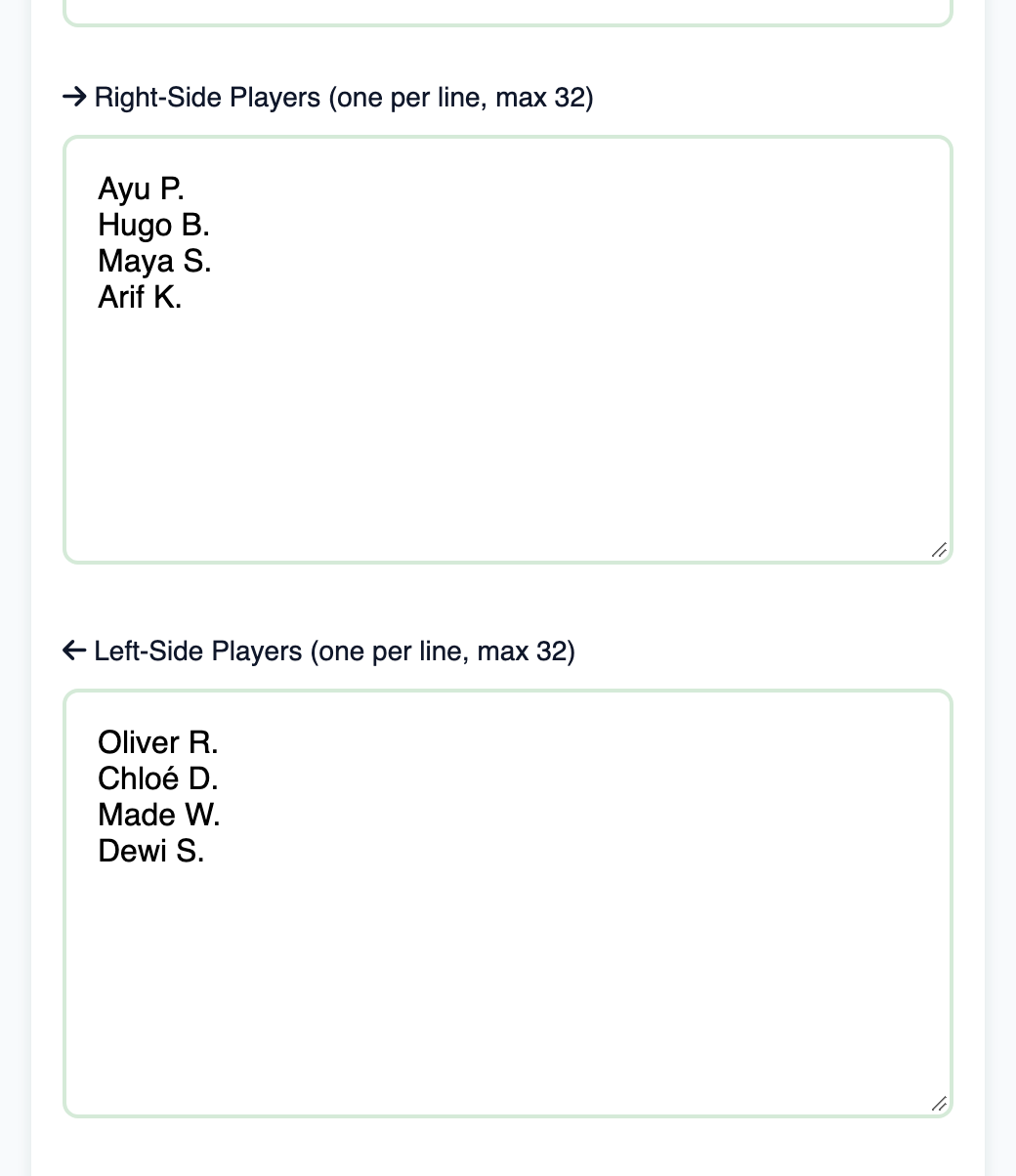 Setup with a Right-Side Players list and a Left-Side Players list