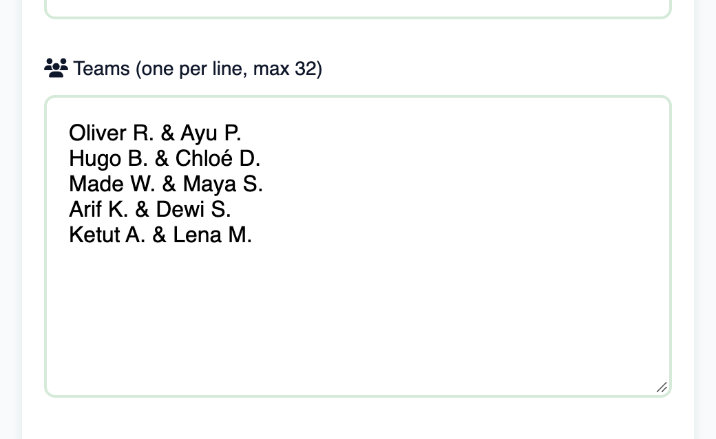 Teams list with one pair per line, such as Oliver R. &amp; Ayu P.