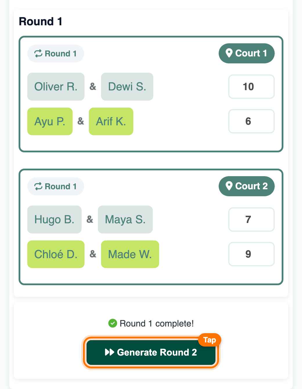 Round 1 complete with the Generate Round 2 button highlighted