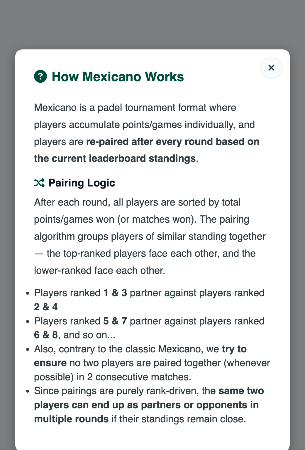 How Mexicano Works window explaining that players ranked 1 and 3 partner against players ranked 2 and 4