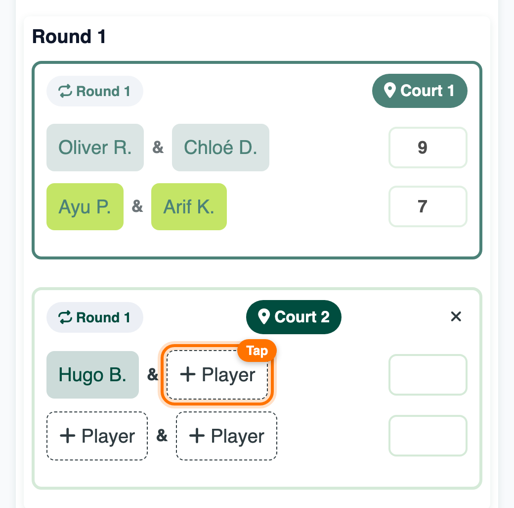 Free Flow round with one scored match and a second match with one player placed and three empty + Player slots