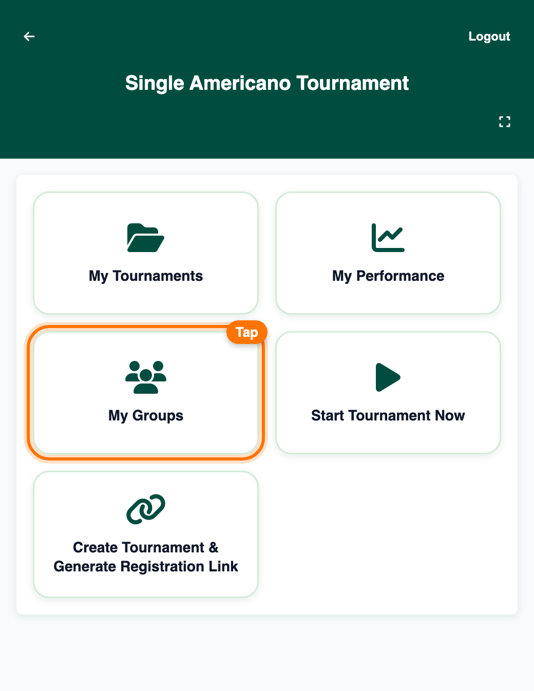 Tournament app start page with the My Groups card highlighted