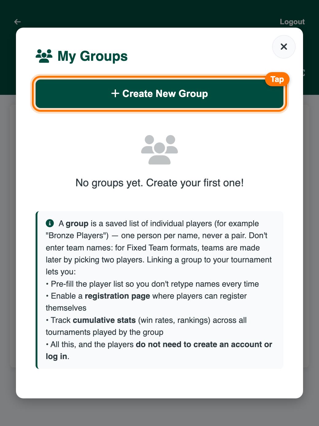 My Groups window with no groups yet and the Create New Group button highlighted