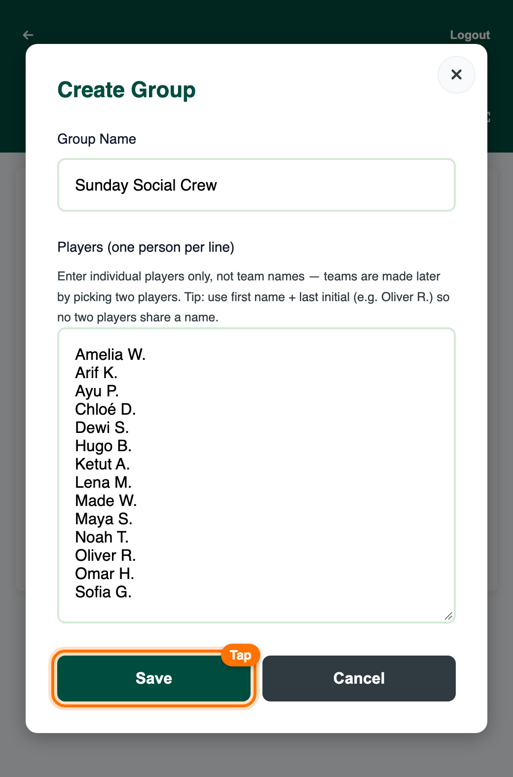 Create Group form with a group name and fourteen player names, Save highlighted