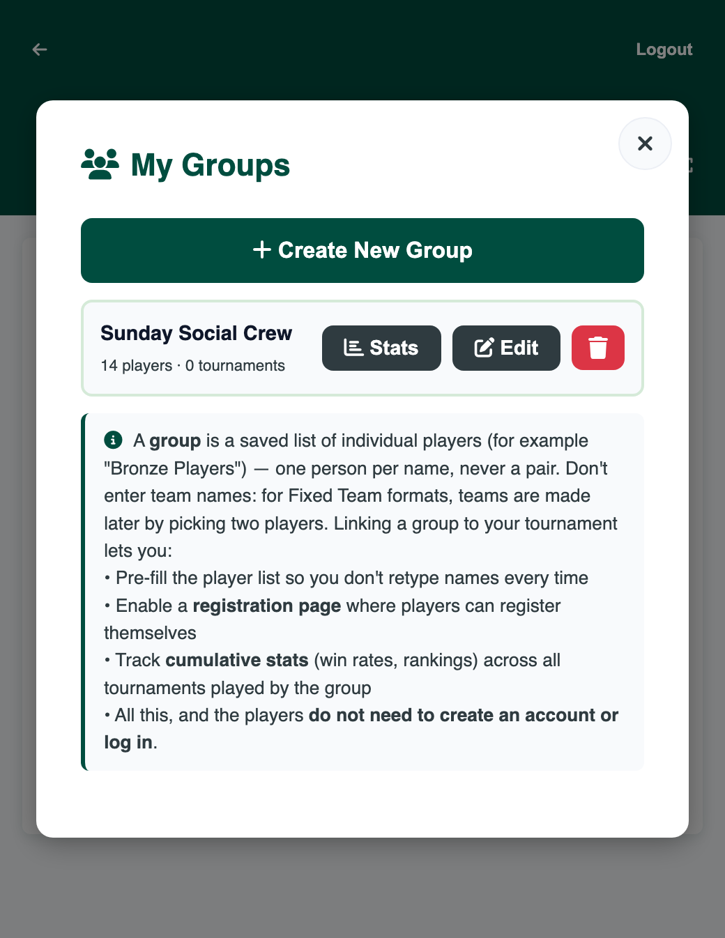 My Groups list showing Sunday Social Crew with 14 players and 0 tournaments