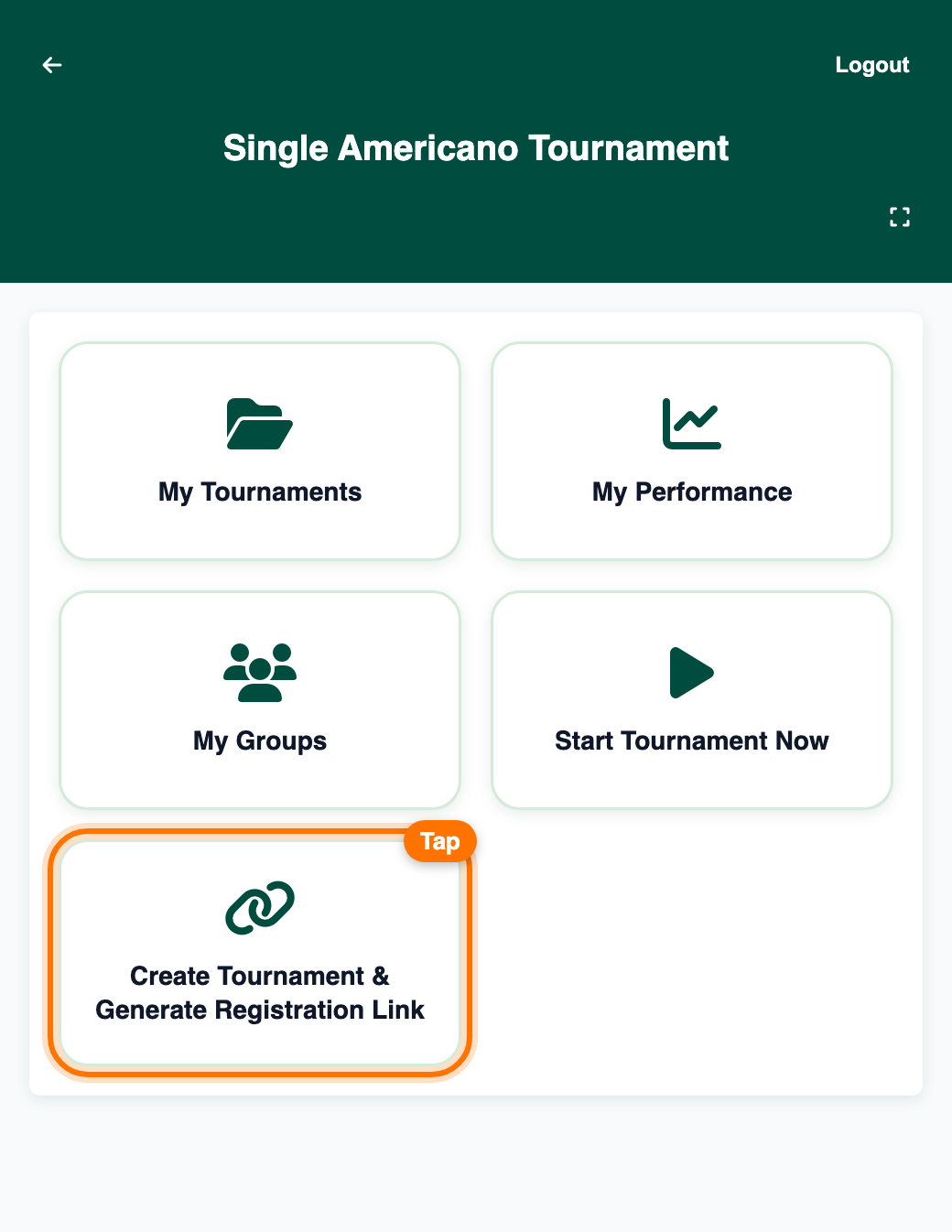 Start page with the Create Tournament and Generate Registration Link card highlighted