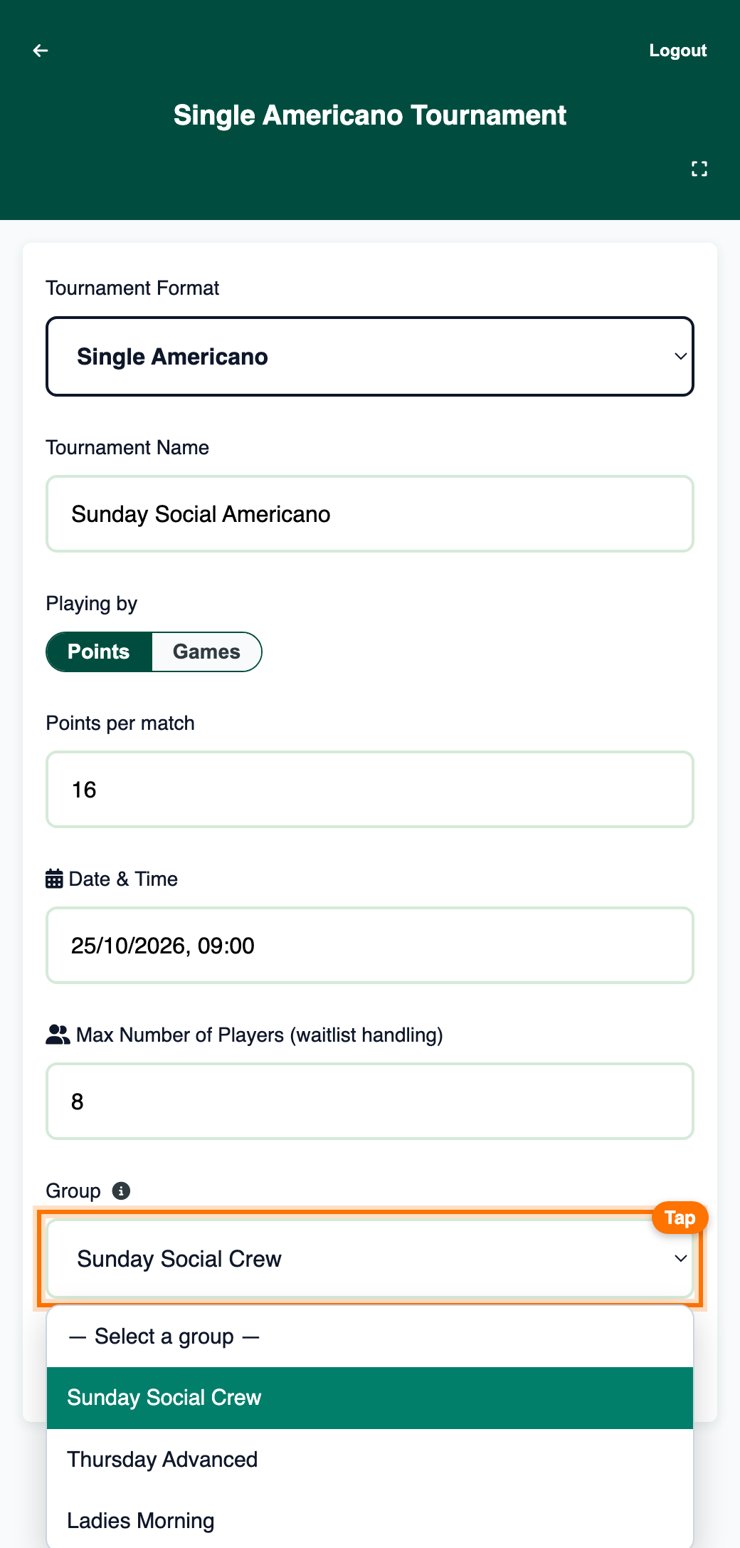 Tournament setup form with Max Number of Players set to 8 and the Group dropdown open on Sunday Social Crew