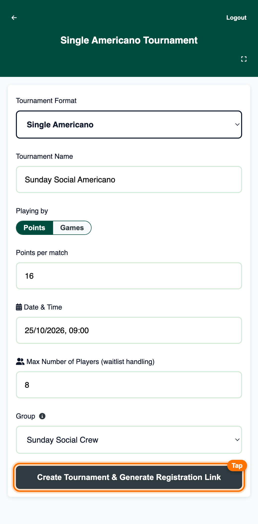 Completed setup form with the Create Tournament and Generate Registration Link button highlighted