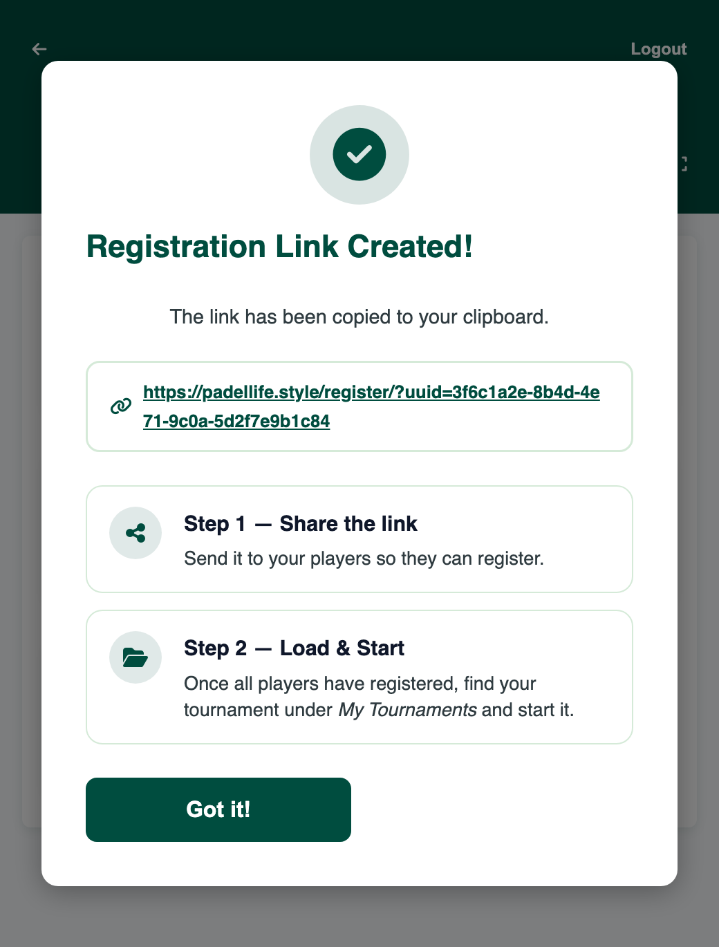 Registration Link Created confirmation with the link and two next steps