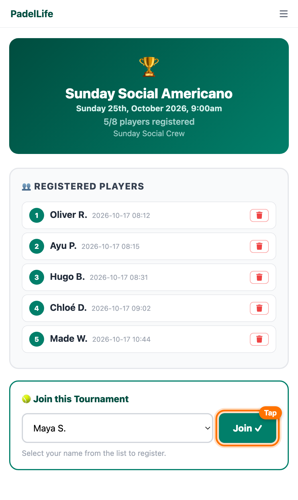 Registration page showing 5 of 8 players registered, Maya S. selected and the Join button highlighted
