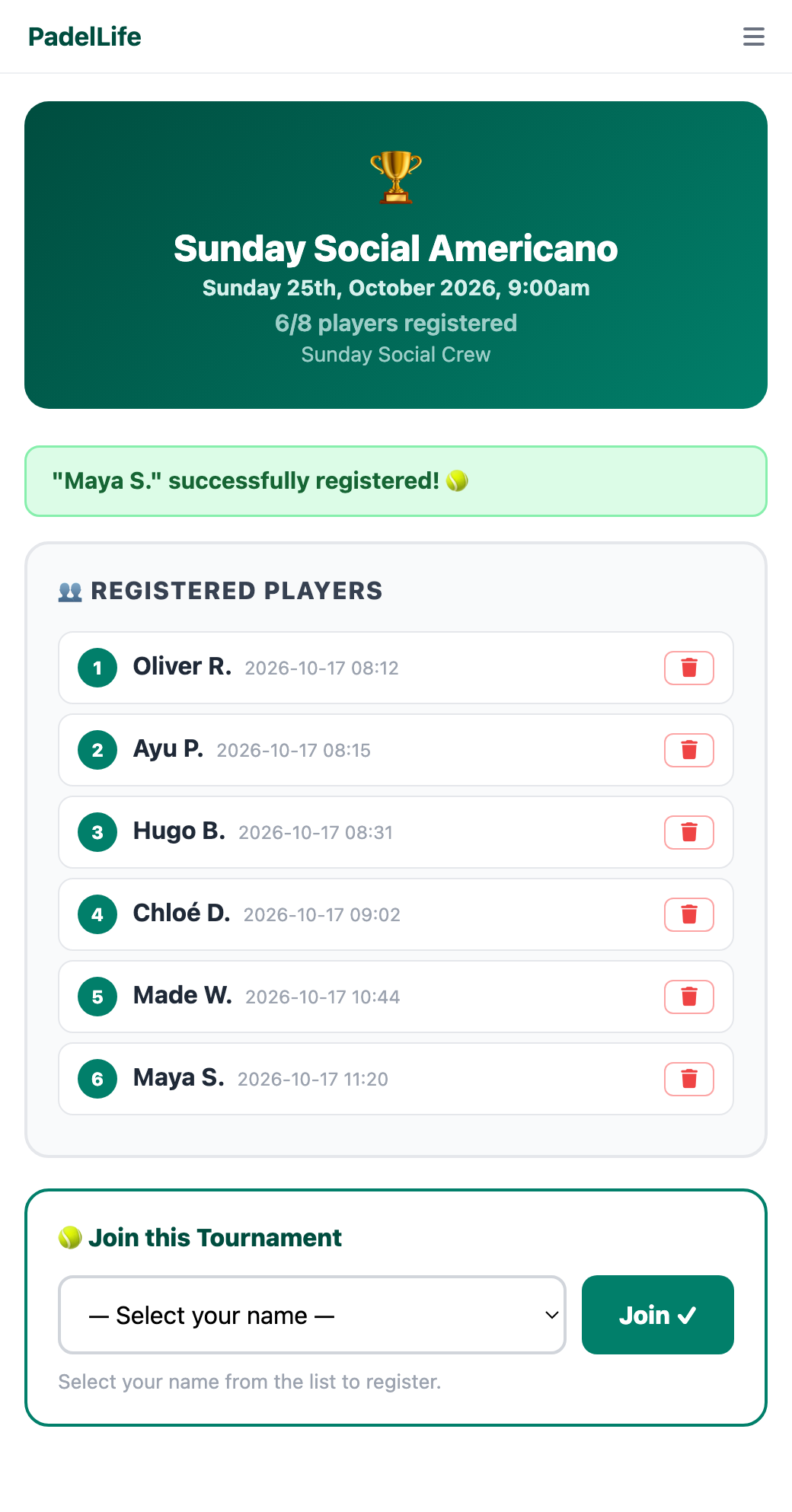 Green confirmation that Maya S. registered, now 6 of 8 players