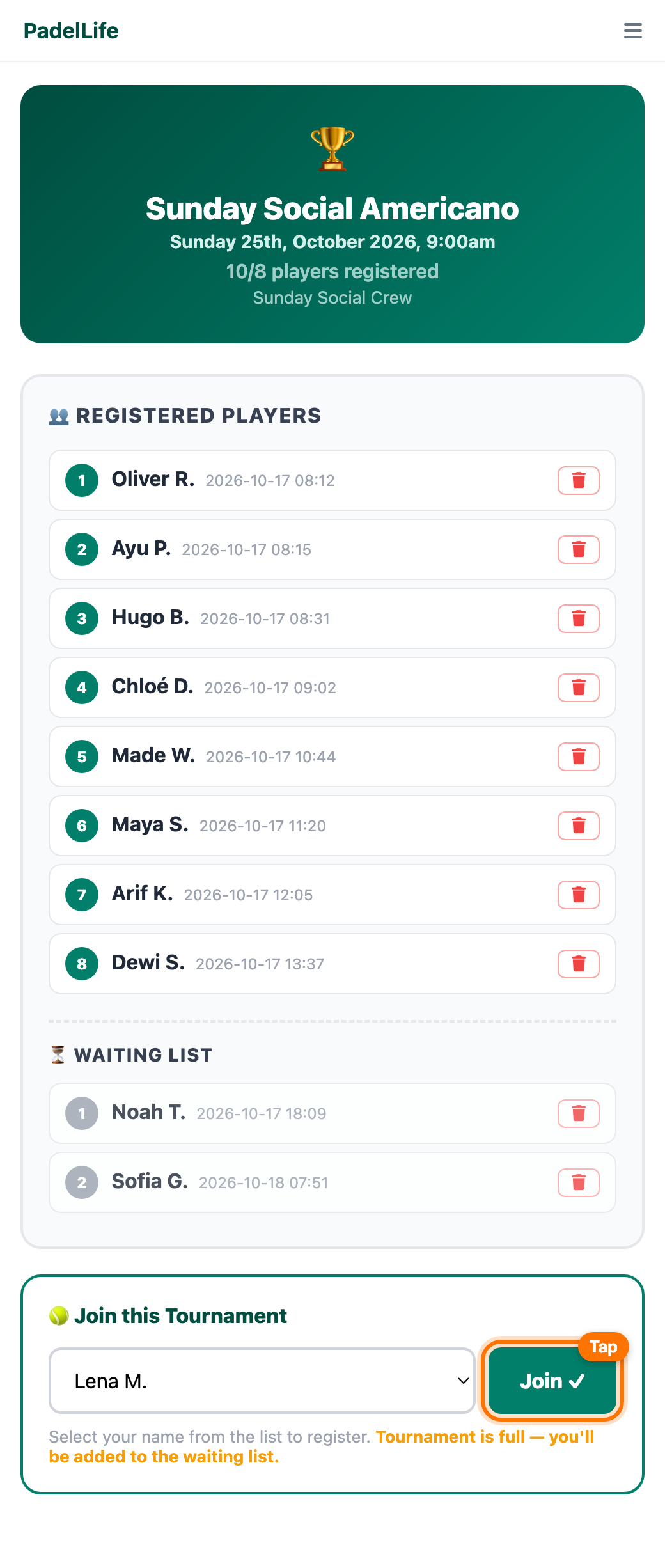 Registration page with eight confirmed players and a waiting list
