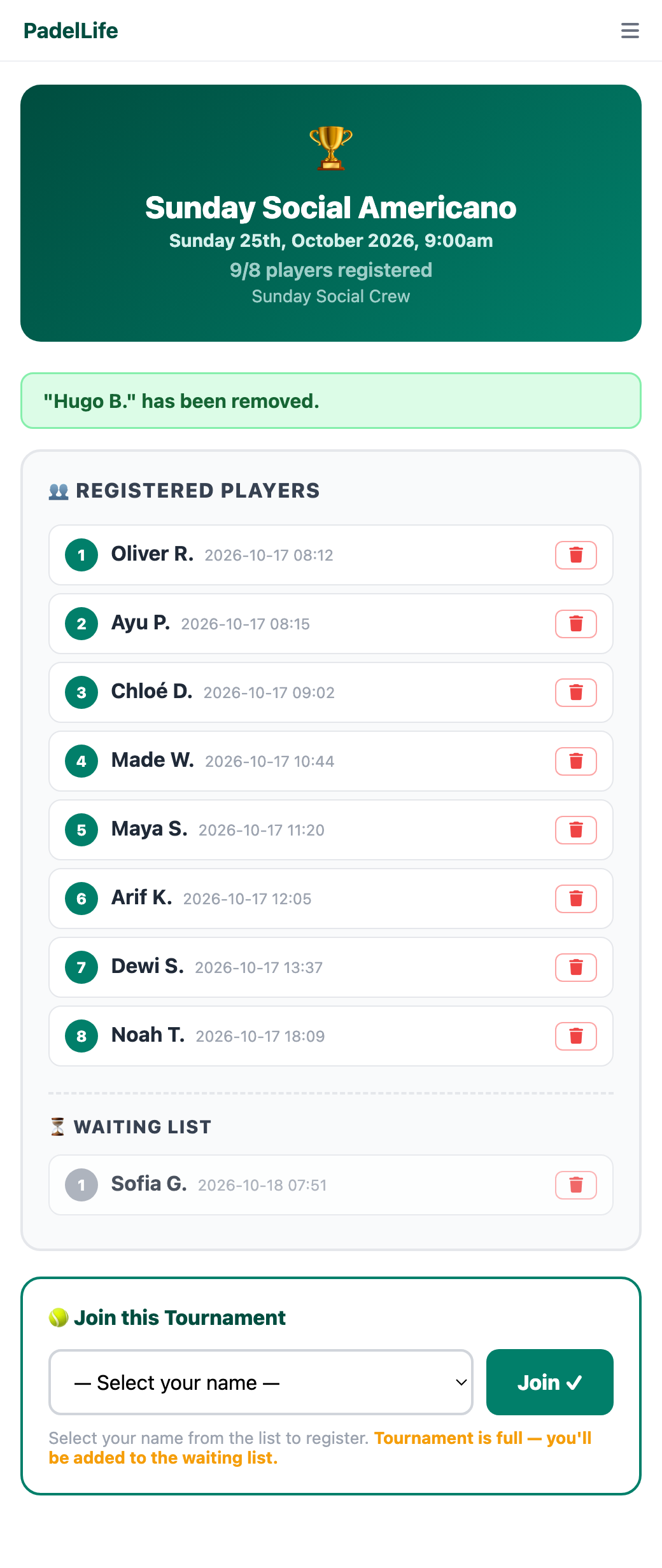 Hugo B. removed; Noah T. moved from the waiting list into slot 8; Sofia G. is now first on the waiting list
