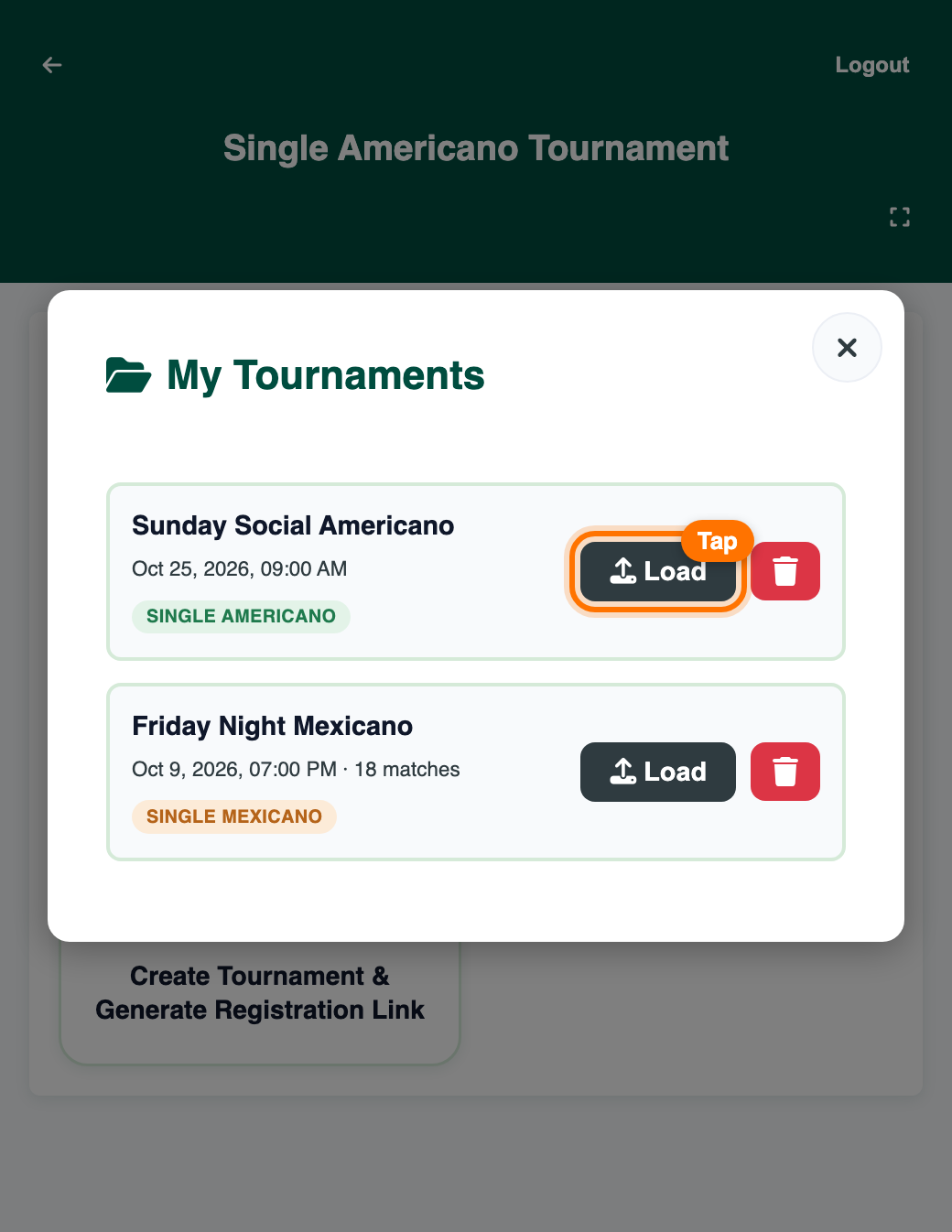 My Tournaments list with the Load button highlighted for Sunday Social Americano