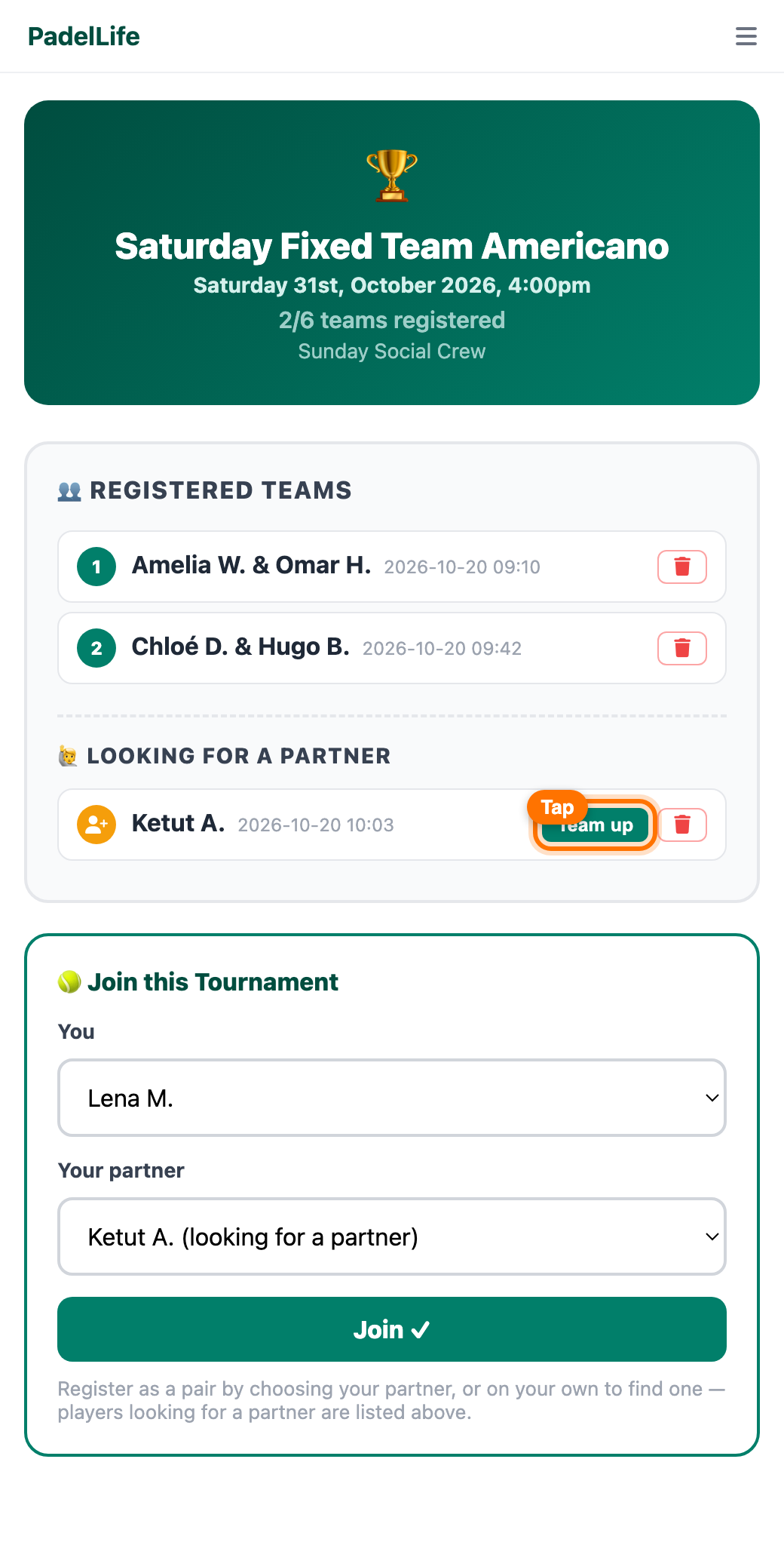 Fixed Team registration page with two registered teams, one player looking for a partner and a Team up button