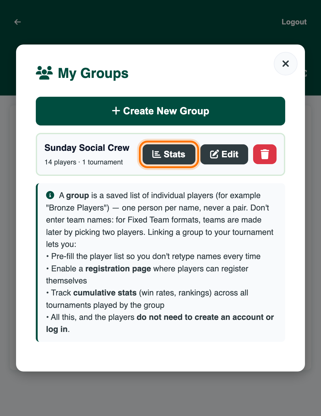 My Groups list with the Stats button highlighted; the group now shows 1 tournament