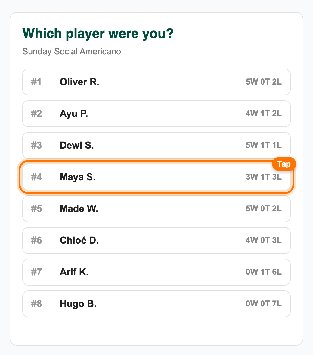 Which player were you? list for Sunday Social Americano with Maya S. highlighted