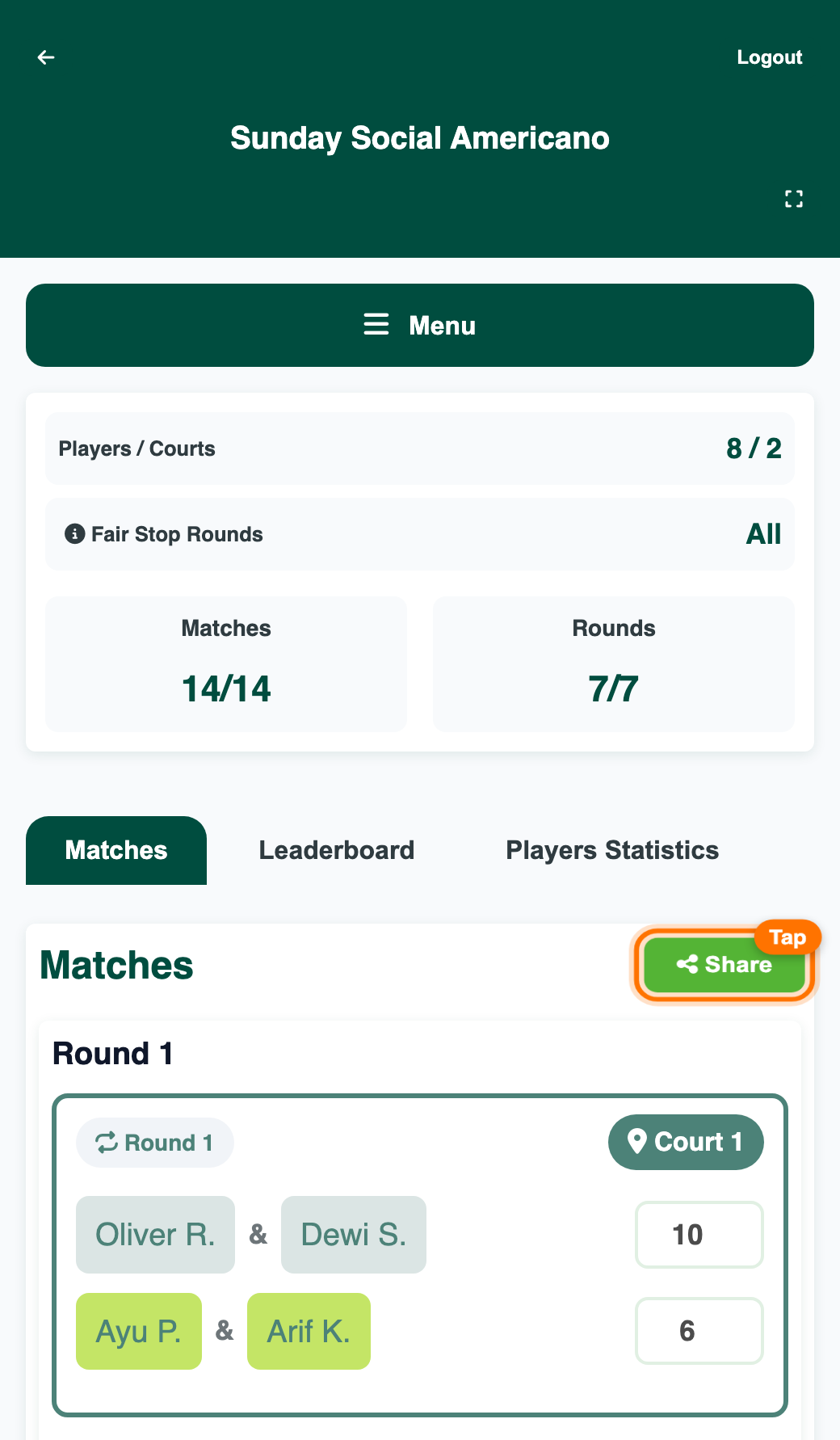 Tournament screen with the green Share button next to the Matches heading highlighted
