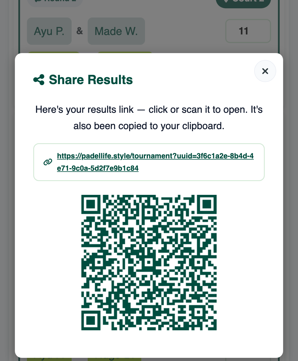 Share Results window with the results link and a QR code