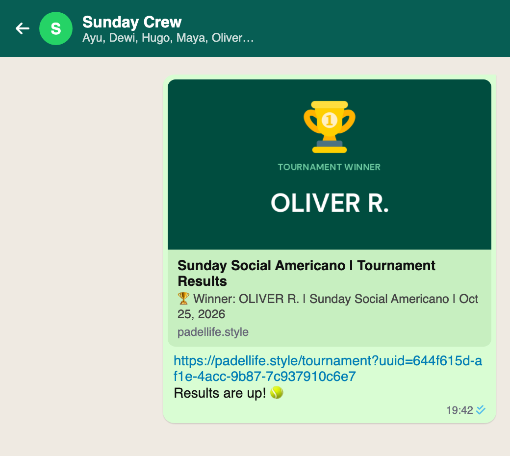 Group chat message with a link preview showing a trophy and Tournament Winner: Oliver R.
