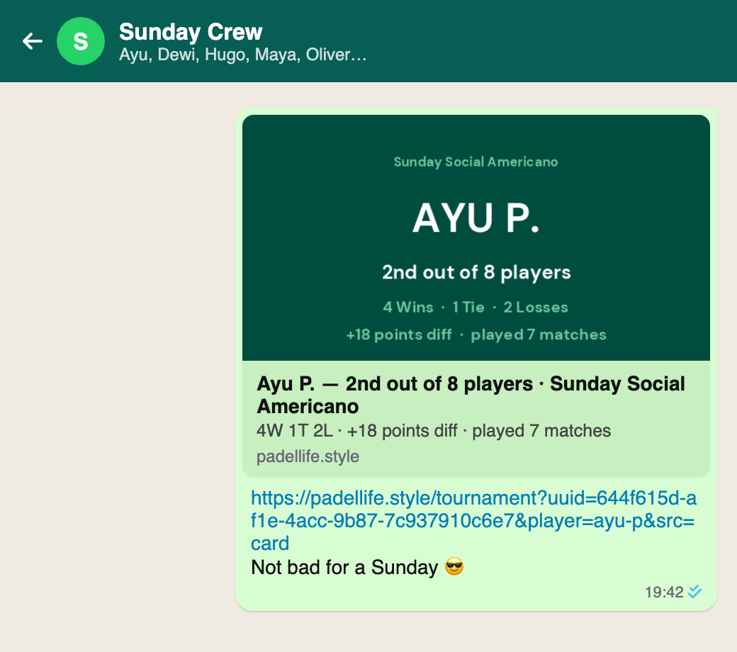 Chat message with a link preview card: AYU P., 2nd out of 8 players, 4 wins, 1 tie, 2 losses